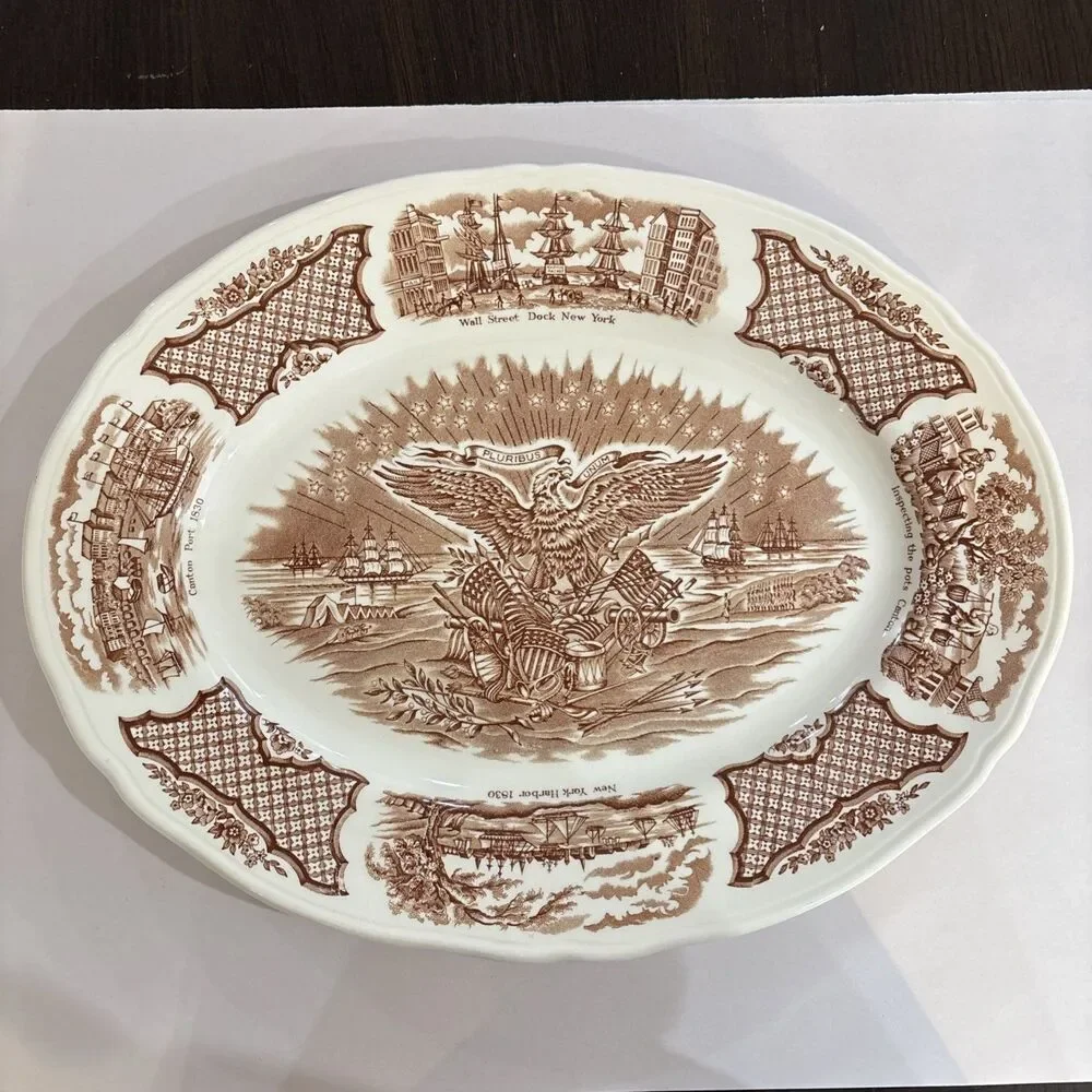 VTG Oval Platter Alfred Meakin Fair Winds Ceramic Staffordshire Historical Scene